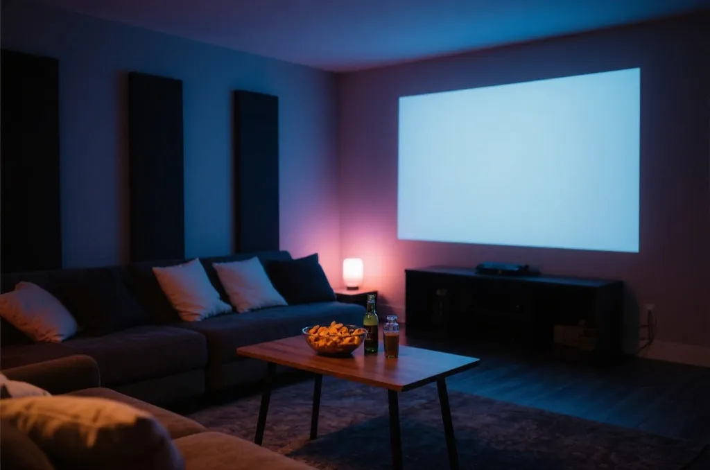 A dim home theater setup with a soft glowing projector screen on the wall, comfortable seating with pillows, a small coffee table in the foreground with a bowl of snacks and drinks, cozy evening mood